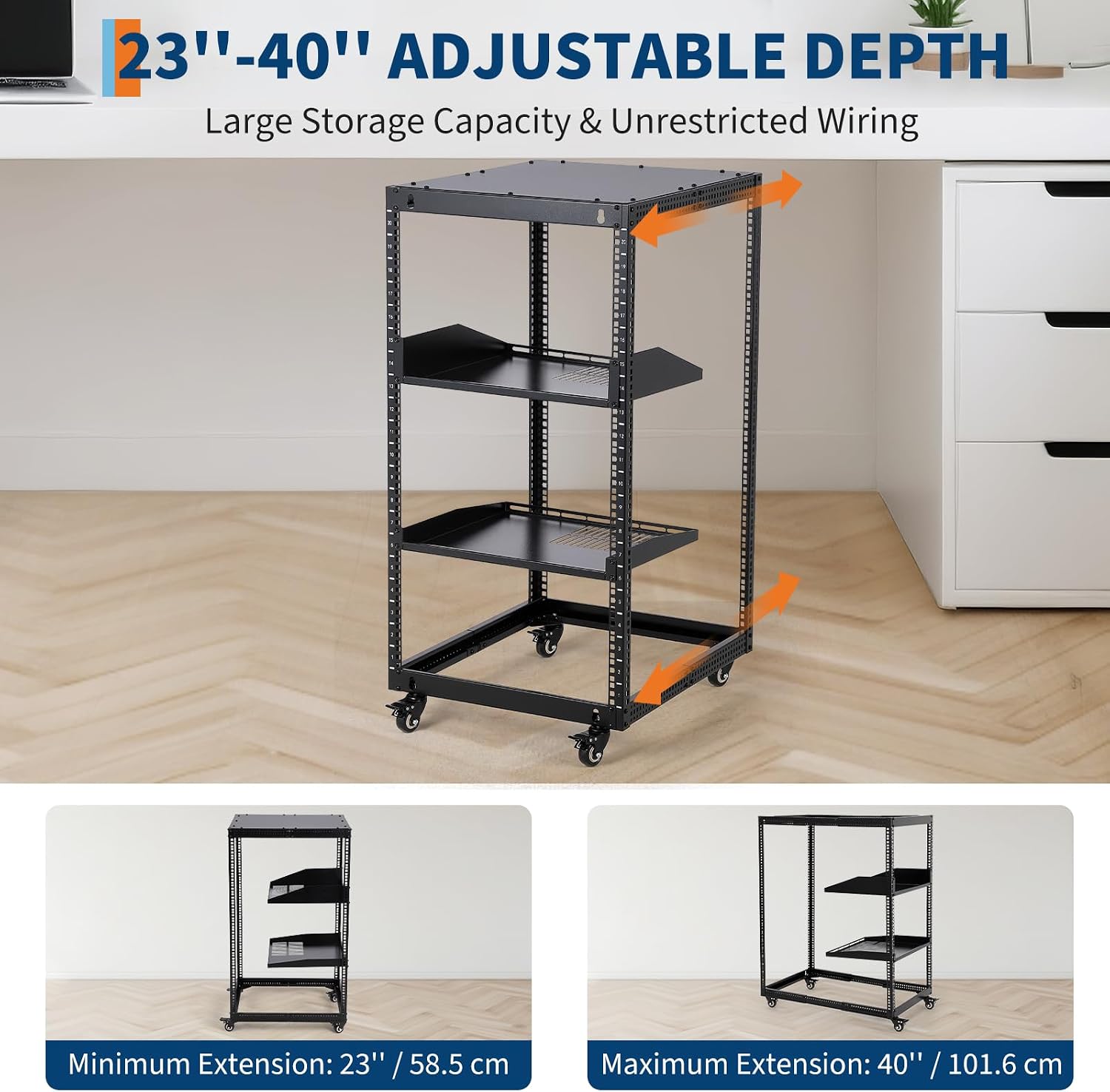 20U Server Rack Open Frame, Adjustable Depth 23'-40', Wall Mount & Free Standing IT Rack with Lockable Casters, 1U Shelf Included 500lbs Capacity for Network/AV Equipment