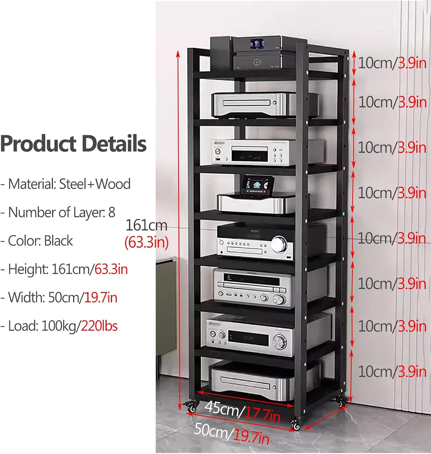 Audio Rack Av Tower Media Stand 5-tier Electronics Equipment Shelf, 6 7 8 Shelf Tall Rolling Stereo Cabinet Racks With Wheels & Height-Adjustable Shelf For Amplifiers/Players/TV, Black-b-8-Tiers