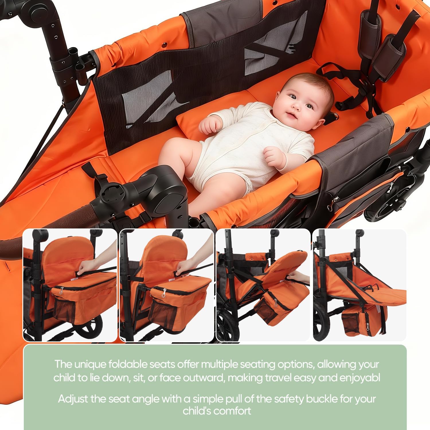 Rovique Wagon Stroller for 2 Kids, Convertible Baby Wagon with Bassinet Mode, Removable Canopy, Snack Tray, 5-Point Harness, All-Terrain PU Wheels, Adjustable Push Pull Handle (Orange)