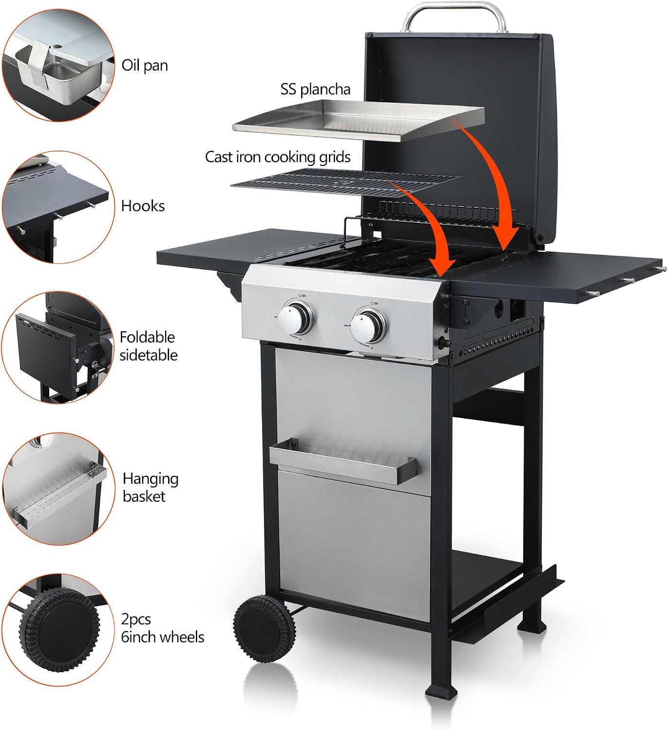 2-Burner Propane Gas BBQ Grill, SS Plancha, 24600BTU Output With Wire Enamel Cooking Grids For Outdoor Barbecue, Foldable Side Table, Hanging Basket, Stainless Steel