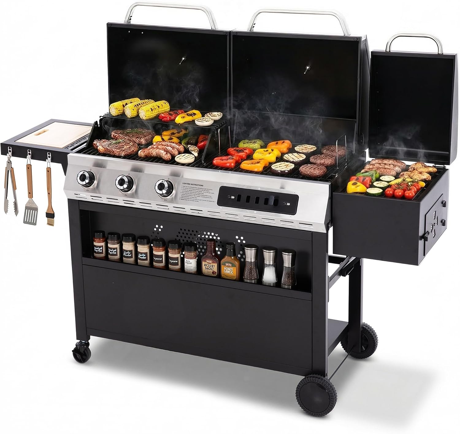 Sophia & William 3-Burner Gas and Charcoal Grill Combo with Offset Smoker - Dual Fuel BBQ Grill, 840 sq. in. Cooking Area, Heavy Duty Propane Barbecue for Outdoor Patio Cooking, Black