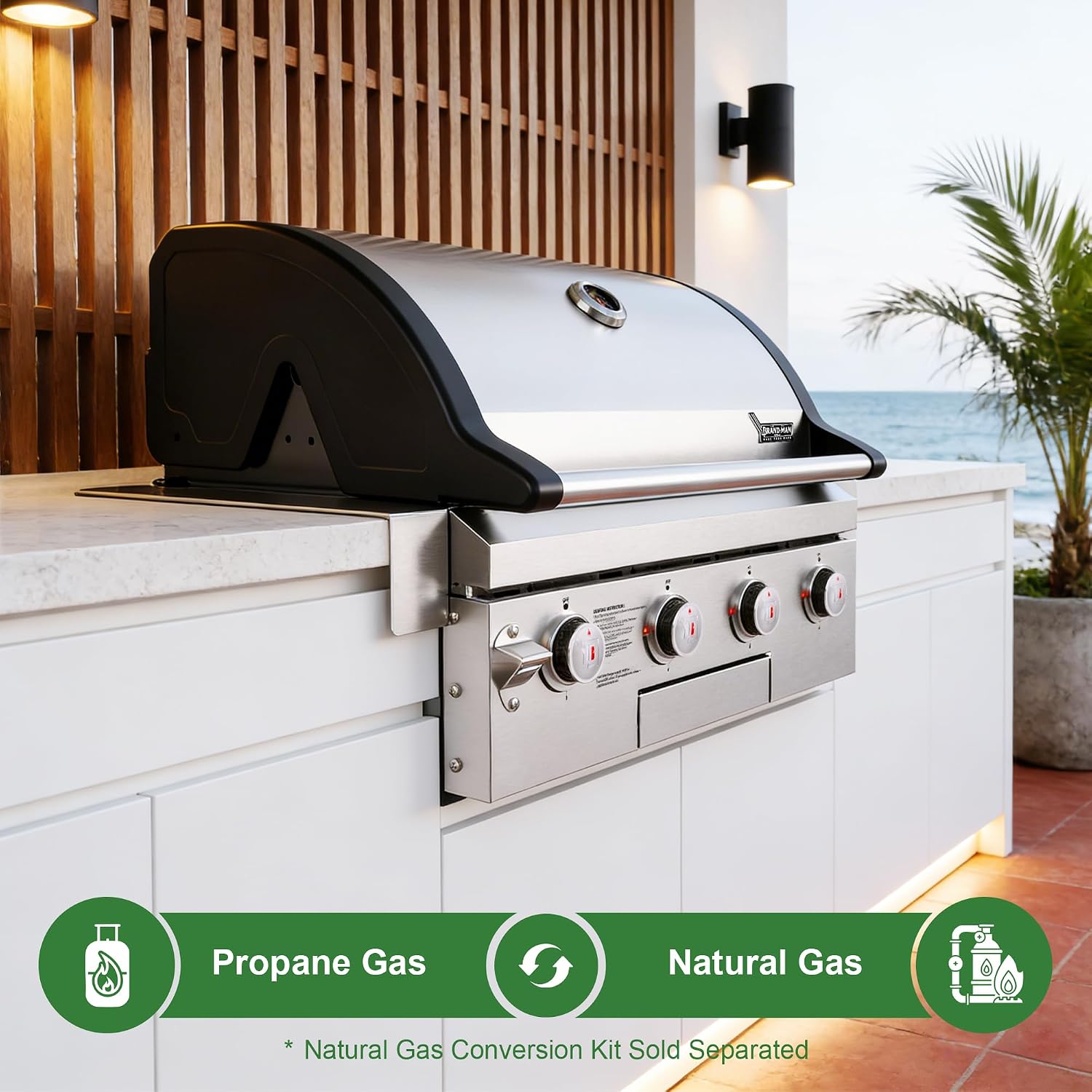 Brand-Man Gas Grill Built-In Head, 30-Inch 4-Burner Propane Grill, Natural Gas Convertible, Heavy Duty 304 Stainless Steel 40,000BTUs BBQ Island Outdoor Kitchen