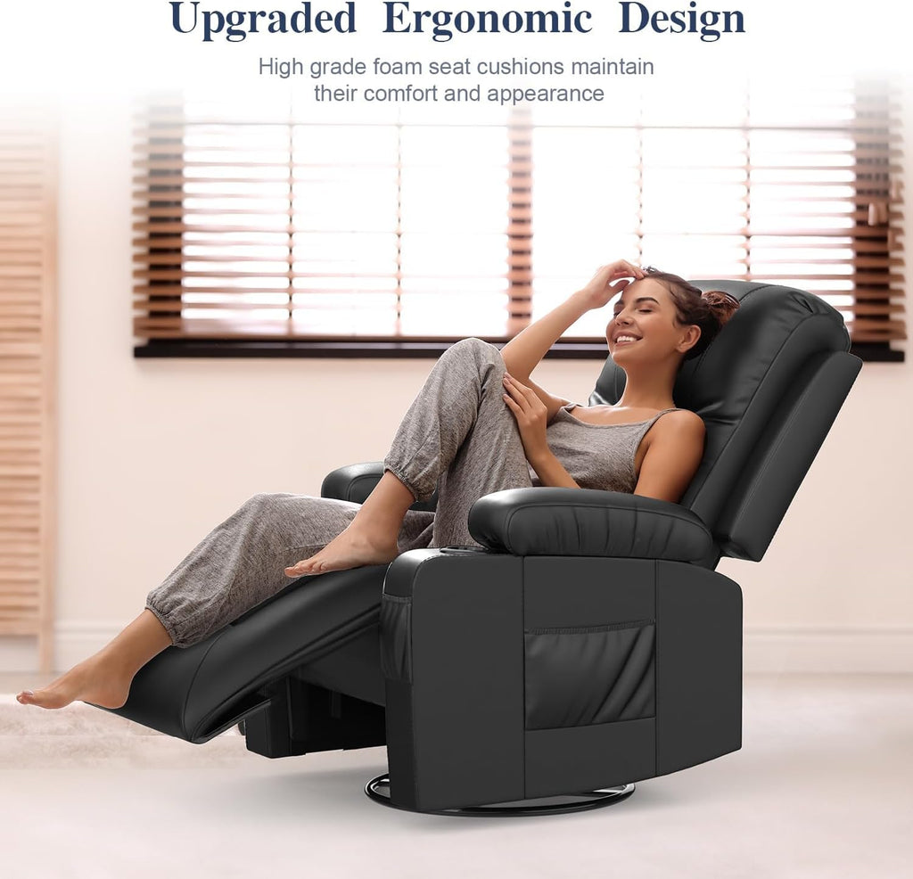 Recliner Chair, Swivel Rocker Recliner with Massage & Heat, Reclining Chair with Cup Holder & Pocket, 360° Swivel Home Theater Seating Lounge Recliner