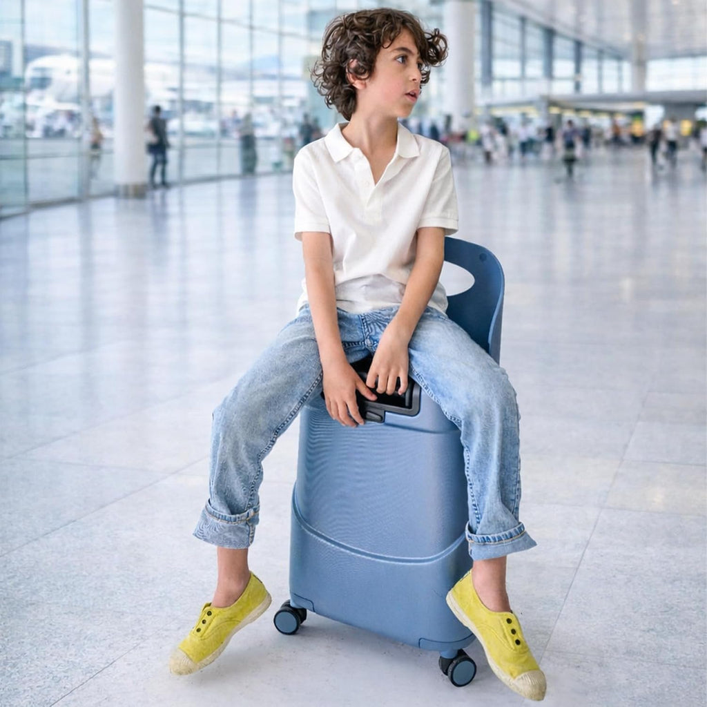 MiaMily Kids Ride-On Carry-On Suitcase with Foldable Seat, Safety Belt, TSA Lock, 4 Double Spinner Wheels, Hard Shell Cabin Luggage, 43L, Slate Blue