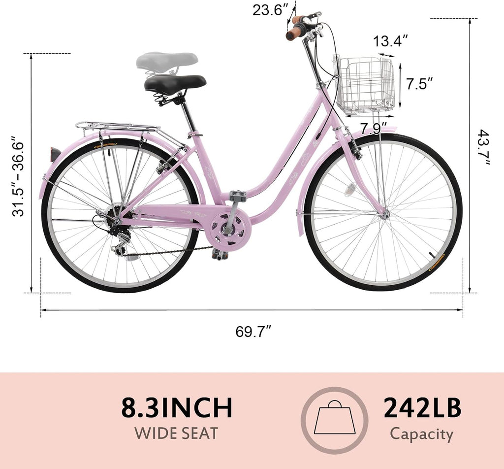 Ktaxon Women Bike 24/26 Inch Bicycles for Women, Beach Cruiser Bike with Premium Derailleur & Shift Lever, Adjustable Seat, High-Carbon Steel Frame and Excellent Welding Technology | Premium Derailleur, Shift Lever, Adjustable Seat