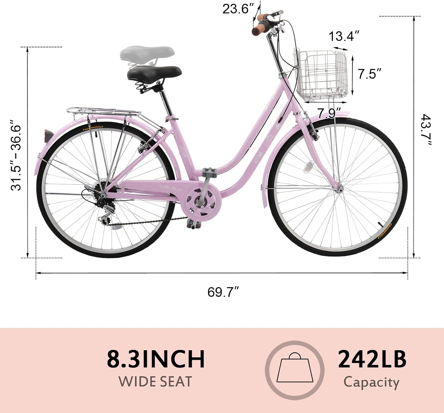 Ktaxon Women Bike 24/26 Inch Bicycles for Women, Beach Cruiser Bike with Premium Derailleur & Shift Lever, Adjustable Seat, High-Carbon Steel Frame and Excellent Welding Technology | Premium Derailleur, Shift Lever, Adjustable Seat