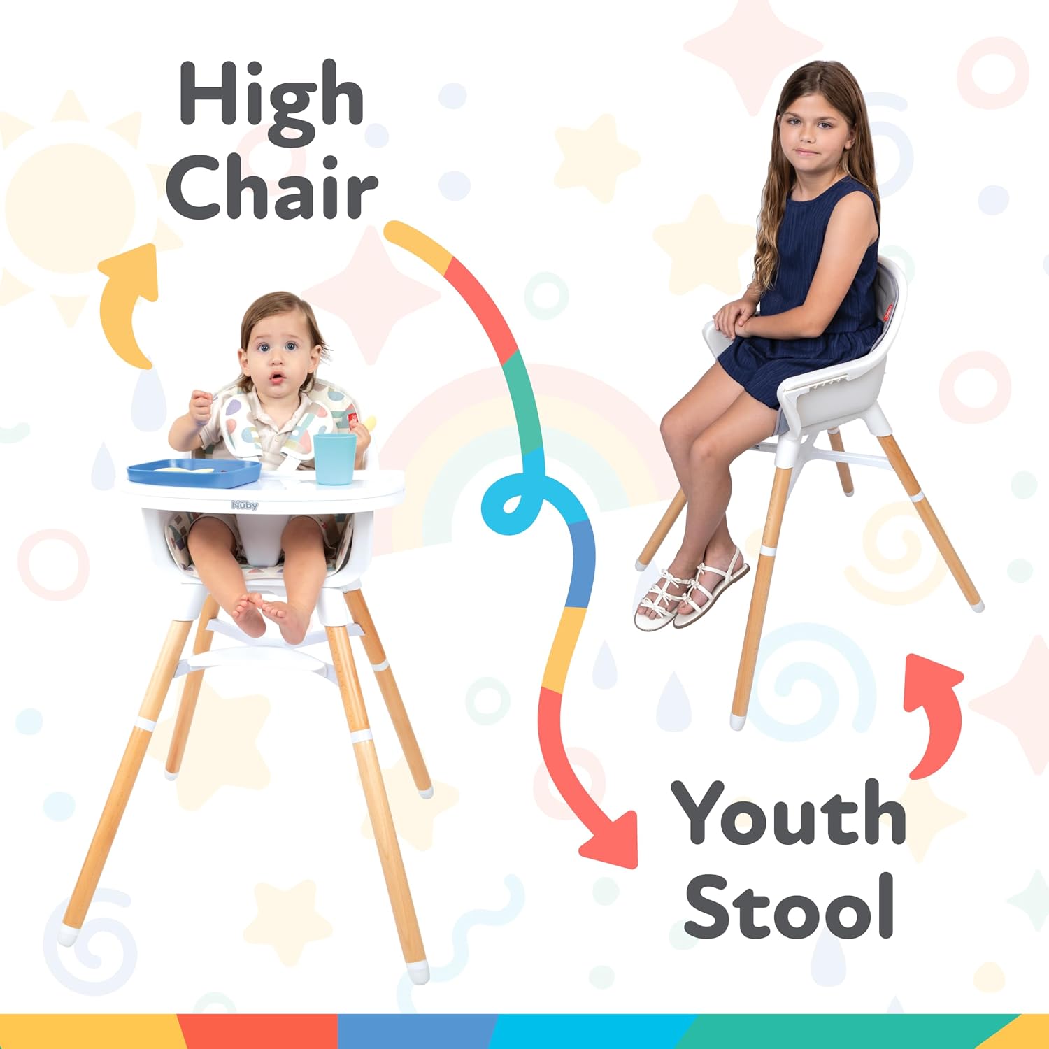 Nuby 4-in-1 Baby High Chair Seat with Removable Tray - 6+ Months to 3 Years - Adjustable Toddler Chair for Eating - Holds Up to 60 lbs - Geometric
