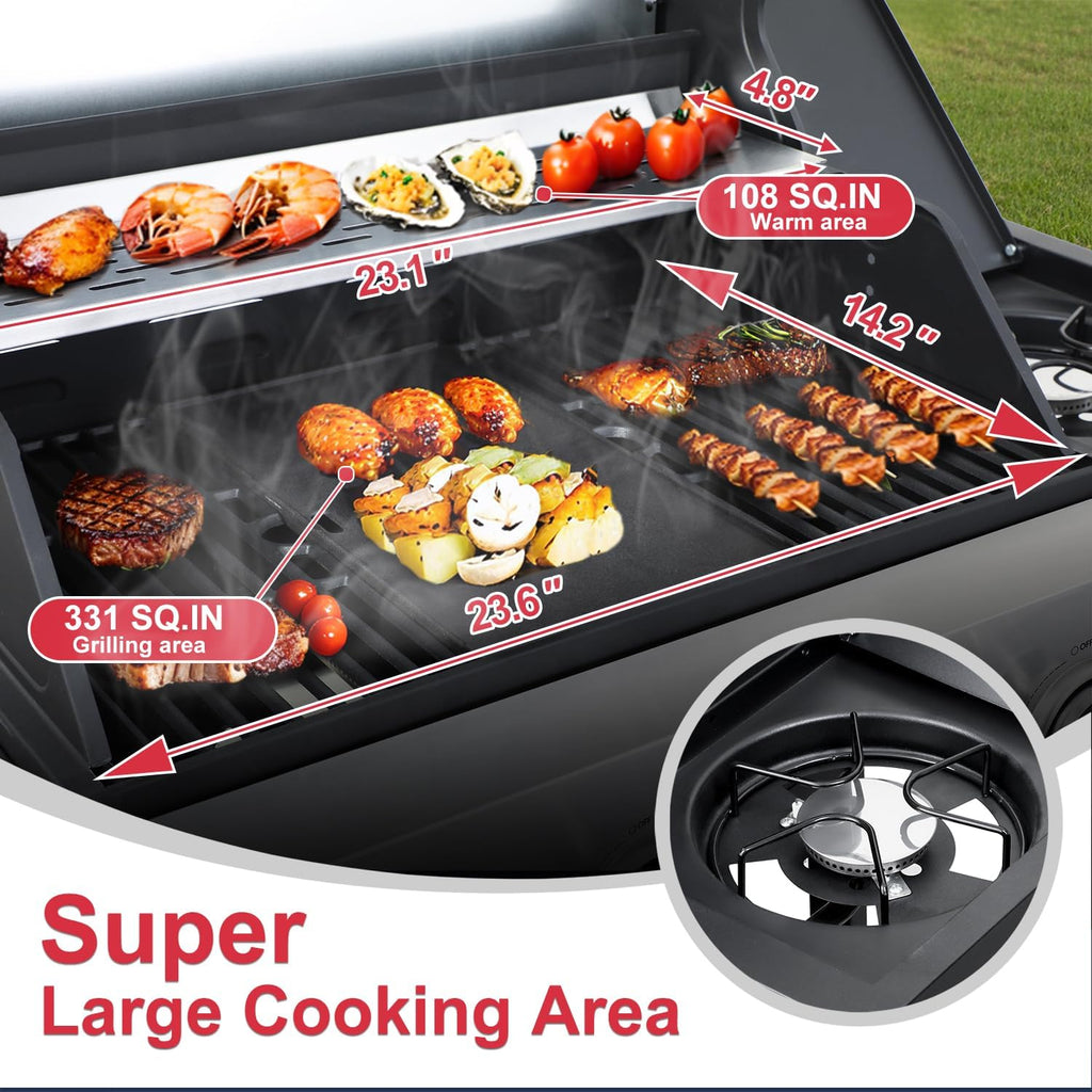 49000 BTU Output Propane Gas Grill with Side Burner and 4 Main Burners - Double-layer Stainless Steel Lid, Cast Iron Grids and Plate, Easy-Clean Grease Management for Perfect BBQs