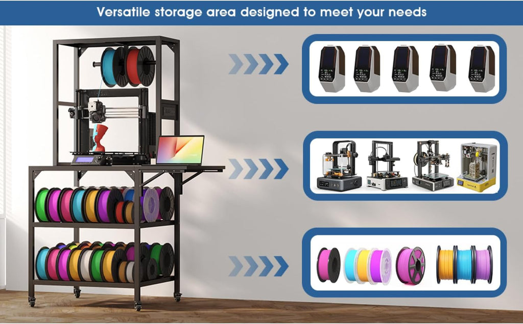 3D Printer Stand, Heavy Duty 3D Printer Table Stand with Filament Storage Rack, T-Shaped Spools Holder Rack with Wheels,3D Printer Workbench for 3D Printing Studio, Home Office Workshop