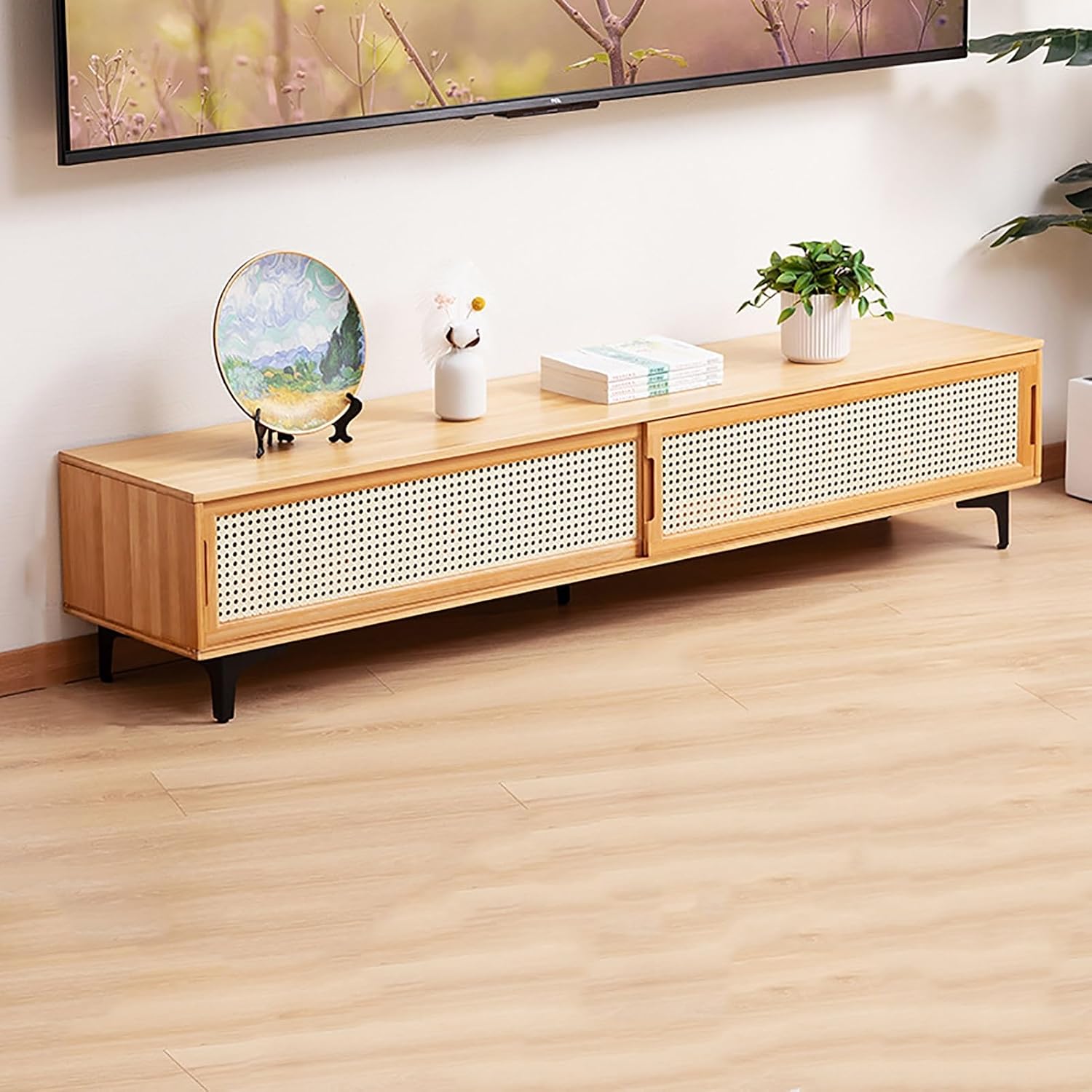 Bamboo TV Stand with Sliding Door, Storage Low Cabinet, Home Audio and Video Entertainment Equipment Control Center, for 32-65 Inch TVs (Color : Natural, Size : 160CM/63IN_Two Doors)