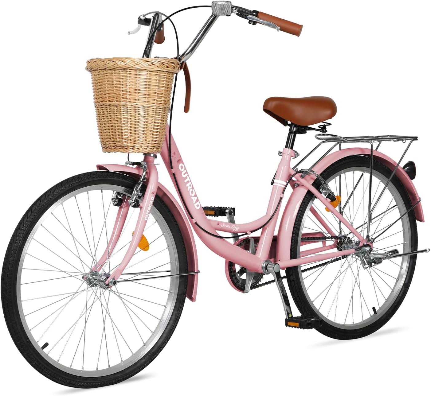 Max4out Women Bike Beach Cruiser Bike for Adult, 24 & 26 Inch Comfort Bikes with Rattan Front Basket, Womens Bicycle with Adjustable Seat and Dual V-Brake (Pink & White & Green & Purple & Black)
