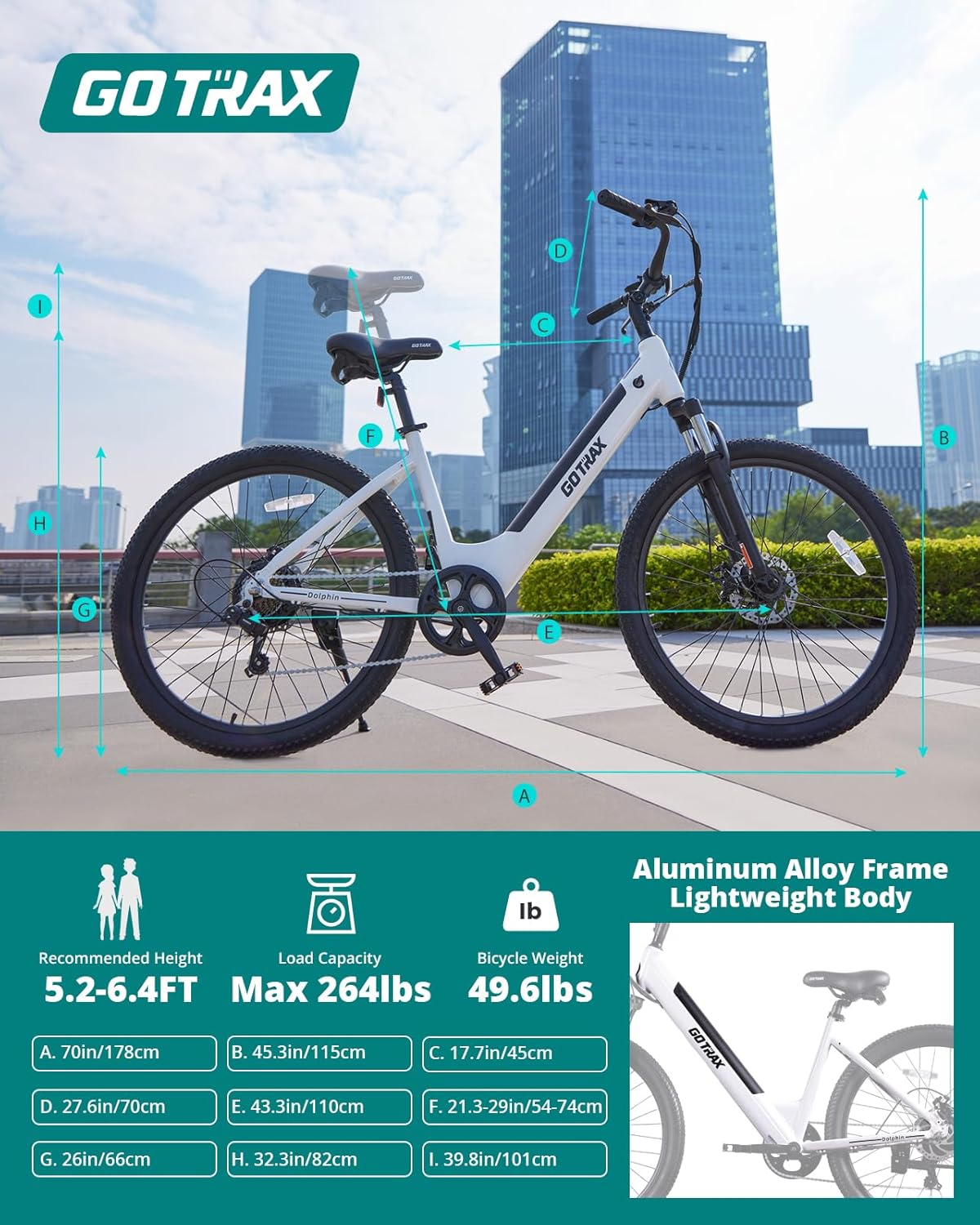 Gotrax Dolphin 26' Electric Bike, Max Range 30Miles(Pedal-assist1) & 20Mph Power by Peak 500W, 5 Pedal-Assist Levels & Front Suspension, 7-Speed&Boost Mode, City E-Bike for Adult, Step-Thru Bicycle