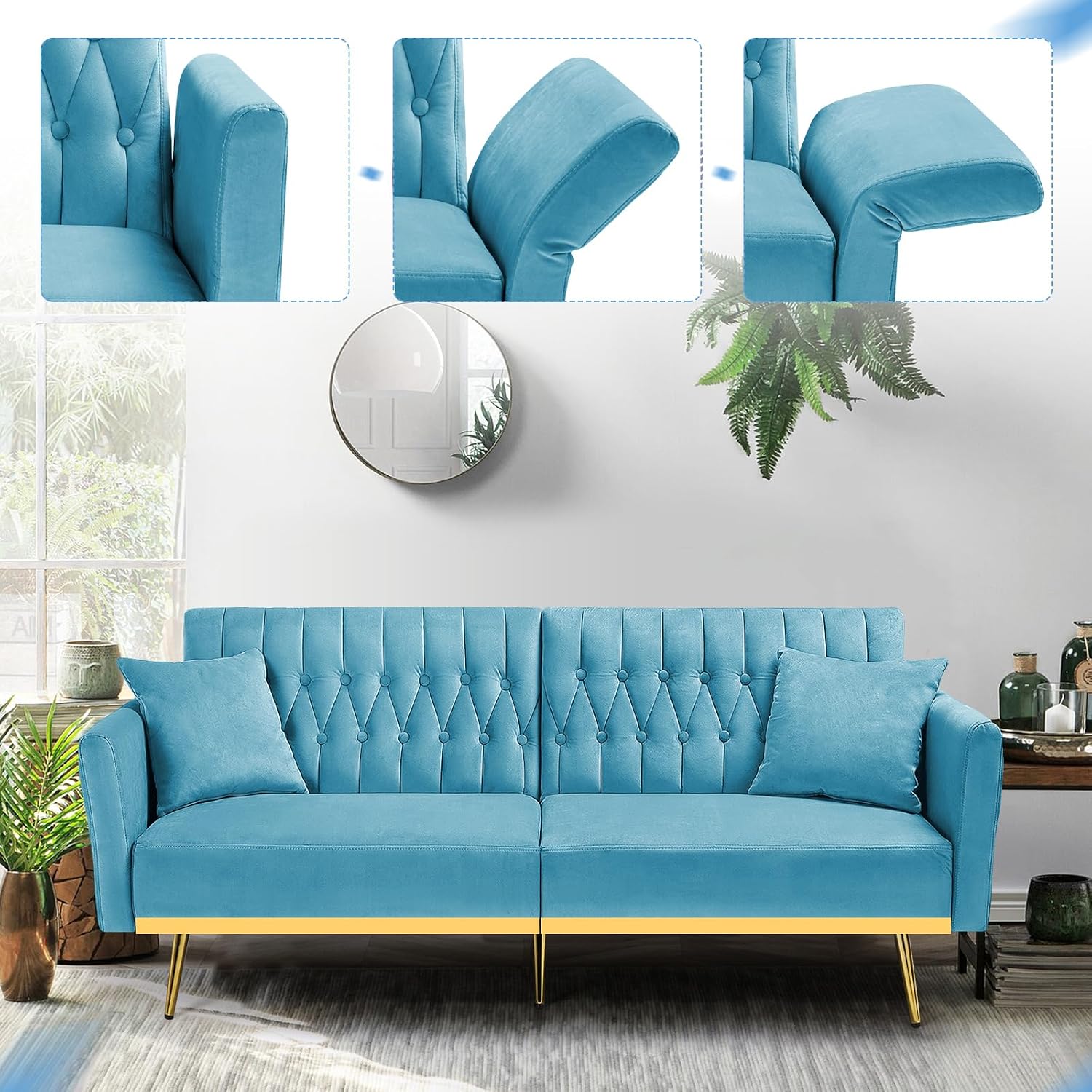 70' Velvet Futon Sofa Bed with 2 Pillows and Adjustable Armrests, Convertible Sleeper Bed W/Adjustable Backrests, Modern Loveseat for Living Room, Bedroom, Baby Blue