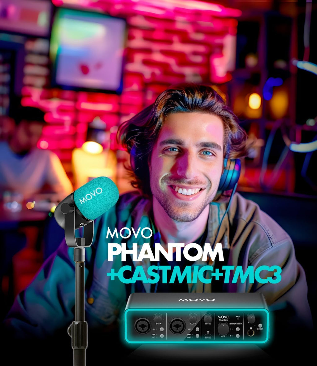 Movo Music Audio Interface Bundle - Phantom USB Audio Interface, CastMic XLR Dynamic Microphone, and Tabletop Stand - Professional Studio Equipment for Musicians, Singers, and Producers