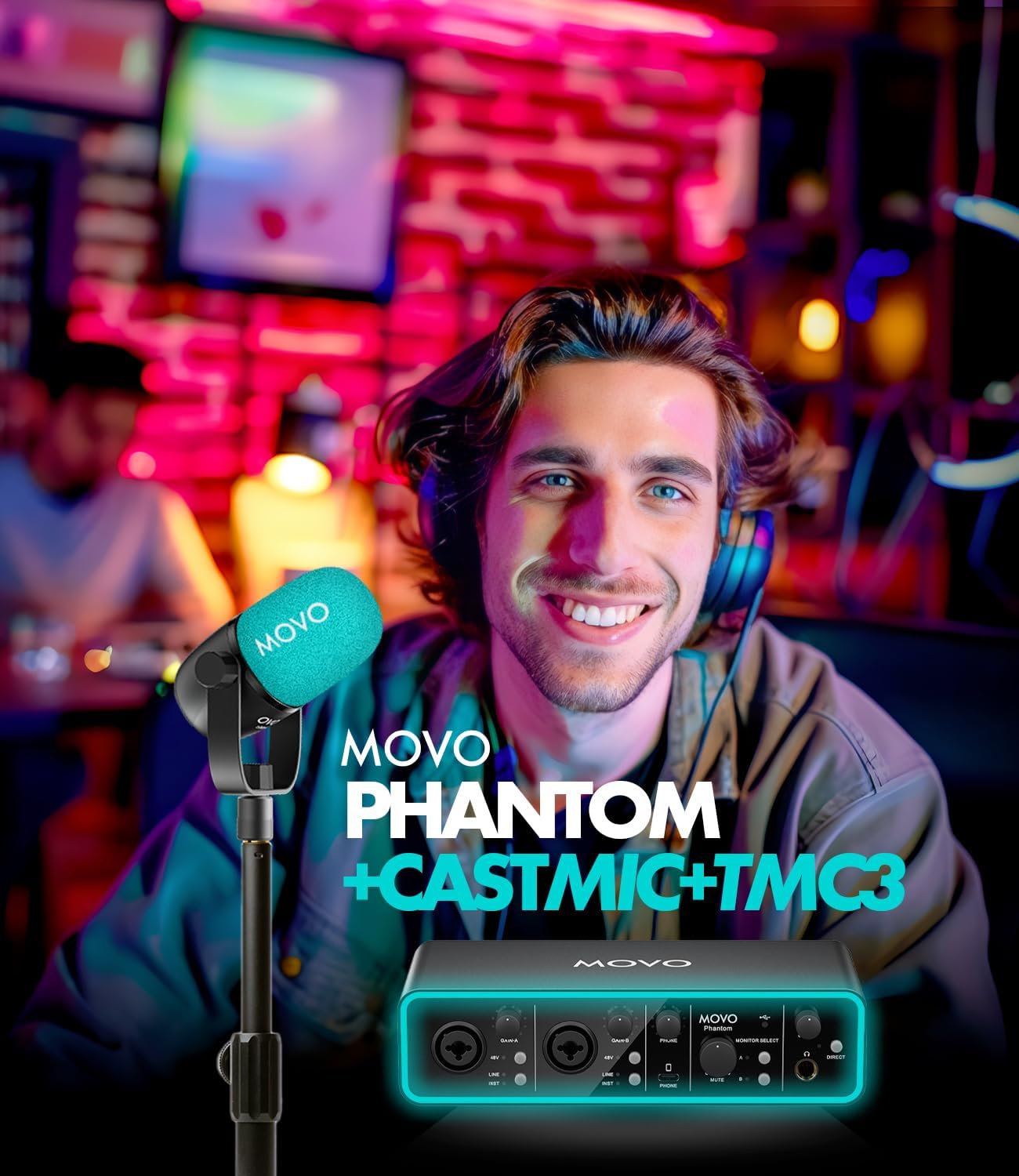 Movo Podcast Equipment Bundle - Phantom USB Audio Interface, 2 CastMic XLR Dynamic Microphones, and 2 Tabletop Stands - Complete Studio Setup for Professional Podcasting and Streaming