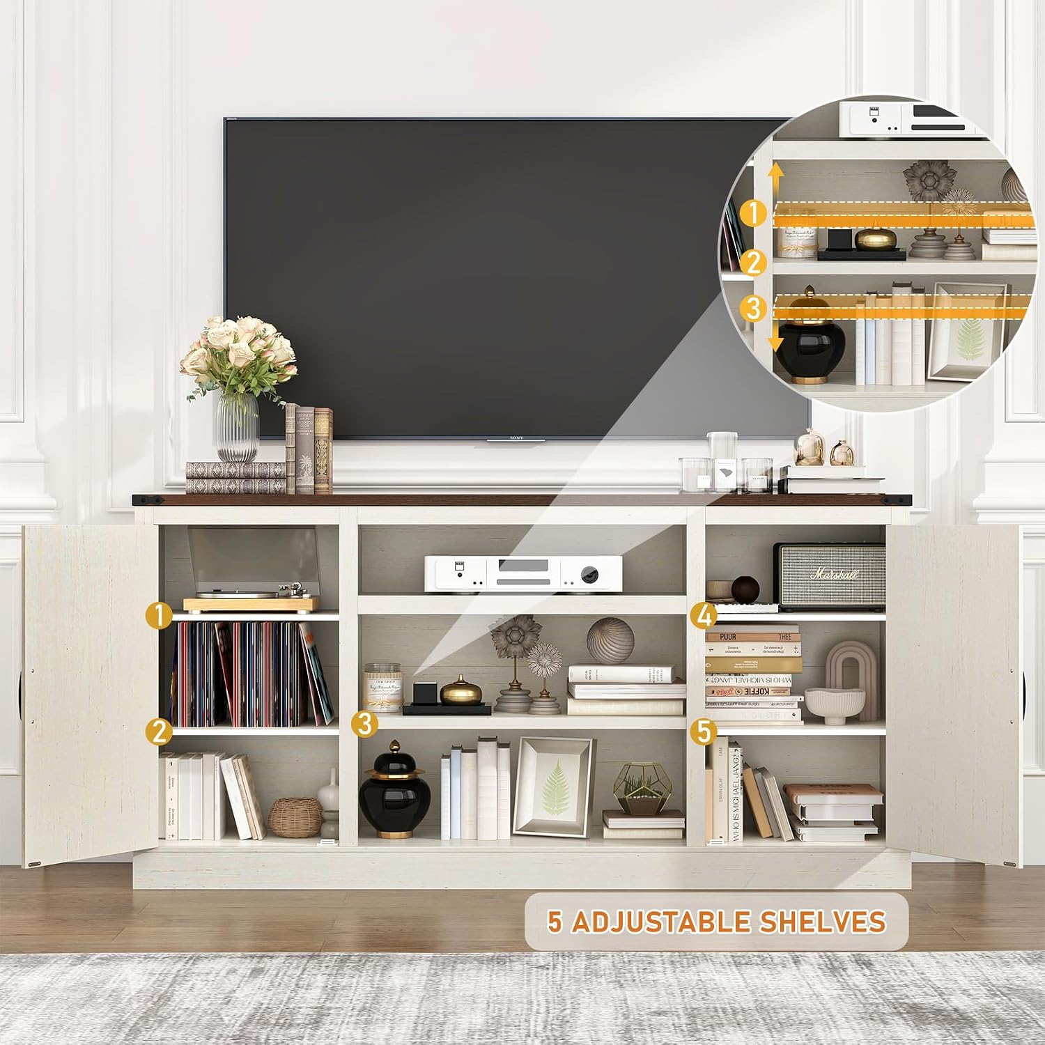 Hlivelood 66' Farmhouse TV Stand with Power Outlets for 75 Inch TVs, 33' Tall Entertainment Center with Storage Cabinets w/Adjustable Shelves, Rustic Large TV Media Console, Rustic White