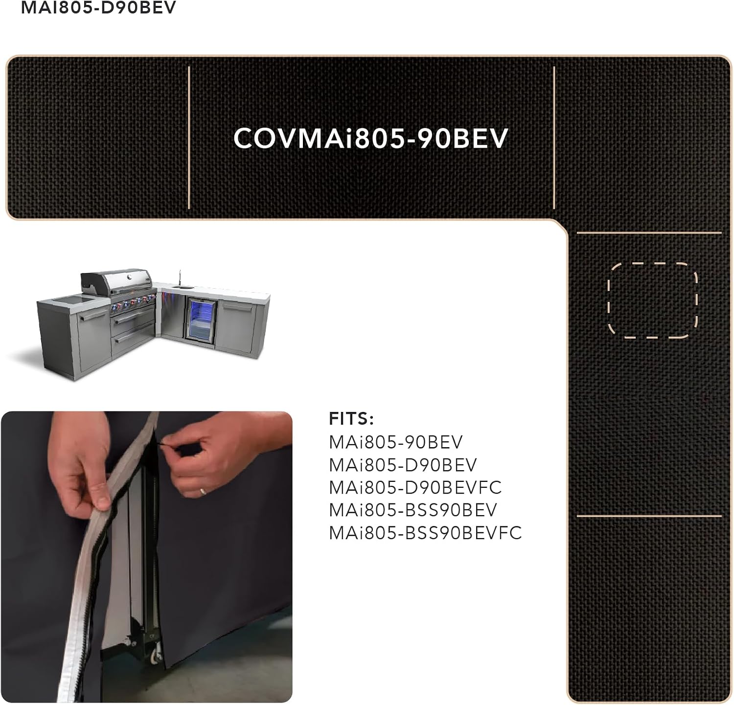 Mont Alpi Cover for 94' W x 88' D Original Deluxe Black 805 Series L-Shaped Outdoor Kitchen with Beverage Center - MAi805-90BEV / MAi805-D90BEV / MAi805-BSS90BEV / MAi805-D90BEVFC / MAi805-BSS90BEVFC