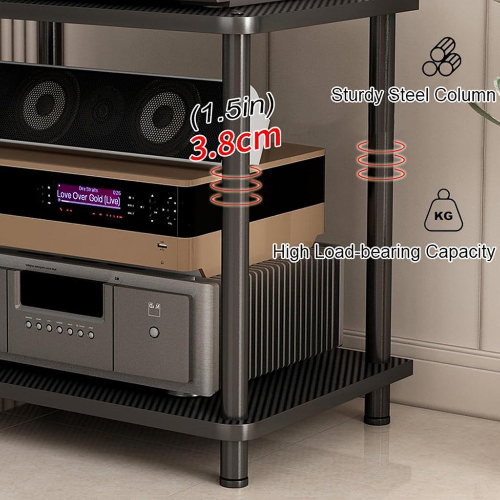 Floor-Standing 2 Tier AV Media Stand, Audio Rack Tower, TV Game Console Equipment Shelf, CD Record Player Stereo Component Rack Cabinet for Home Theater Studio(Carbon Fiber,60x40x37.5cm)