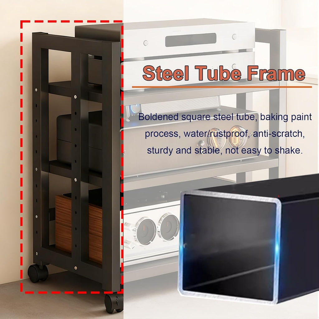 3-Tier Adjustable Audio Rack with Rolling Wheels - Heavy-Duty Media Stand for Amplifiers, Receivers & Turntables - 40cm (15.7in) Storage Solution for Home Theater