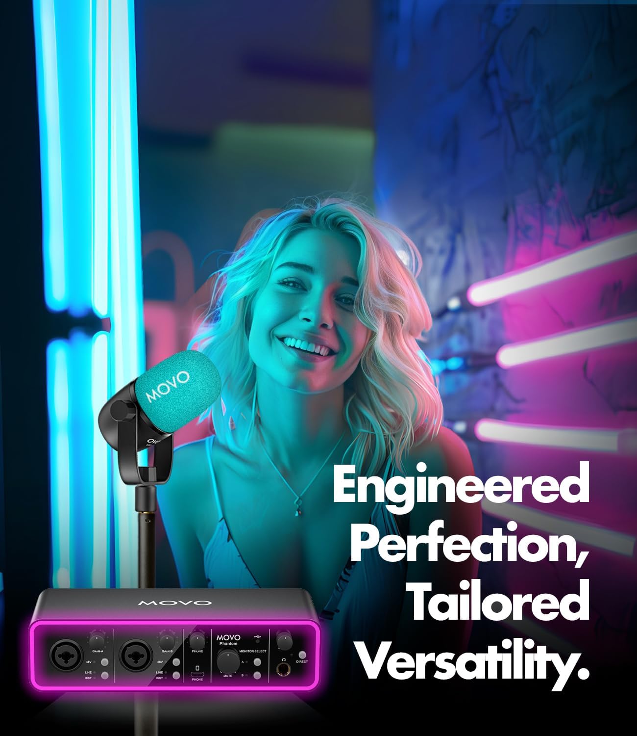 Movo Podcast Equipment Bundle - Phantom USB Audio Interface, 2 CastMic XLR Dynamic Microphones, and 2 Tabletop Stands - Complete Studio Setup for Professional Podcasting and Streaming
