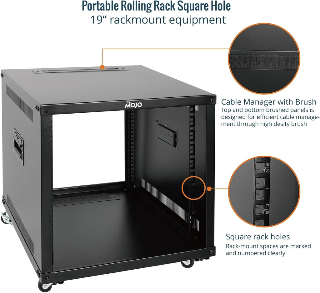 Tecmojo 9U Portable Rolling Network Rack, 4-Post Mobile Open Frame Server Rack with Wheels, Free Standing Server Cabinet for Computer/Data/AV/IT Equipment/Network Equipment