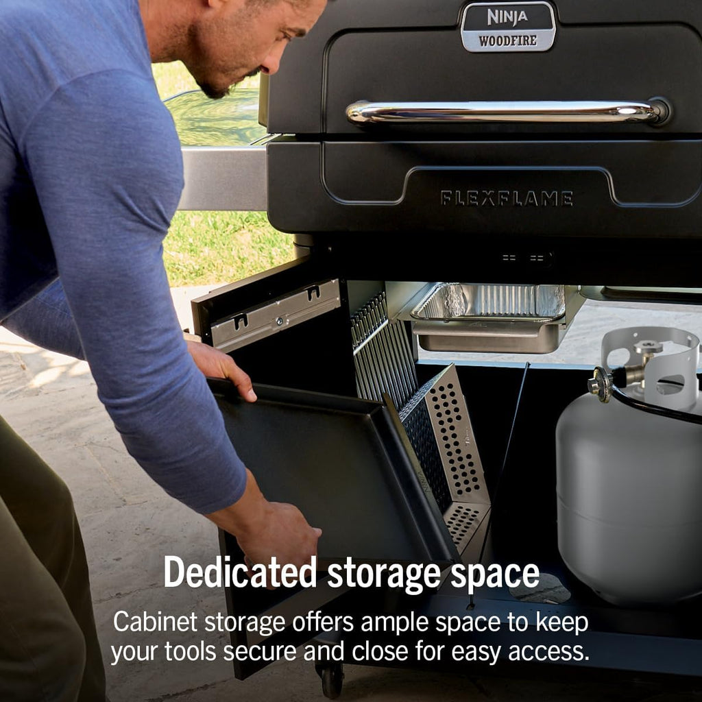 Ninja FlexFlame Grill and Smoker | Electric and Propane Grill, Roaster, BBQ Grill | 5-in-1 Cooking System | 3 Burner | Digital Control | Outdoor Cooking, Griddle, Pizza Maker | Black | PG301BK