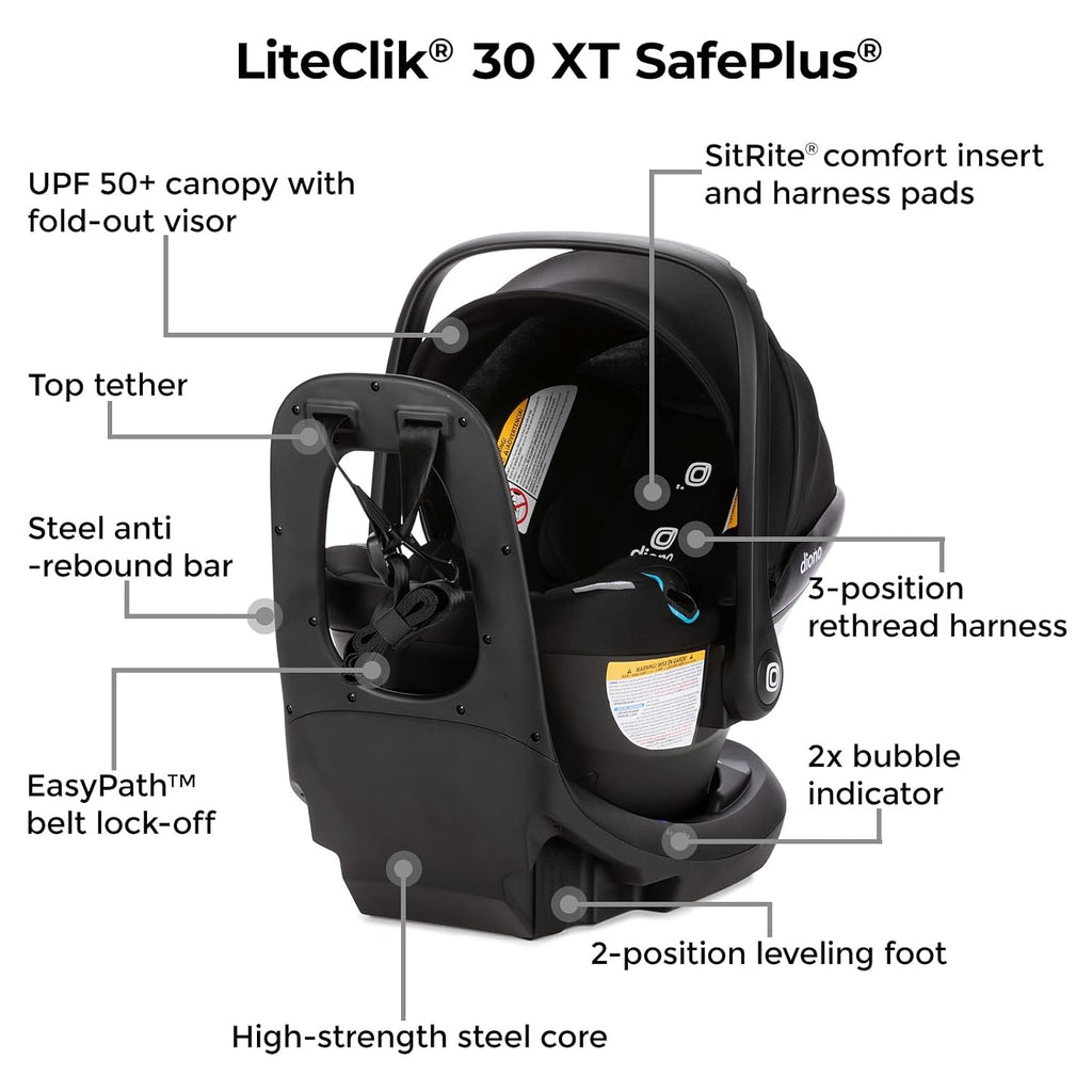 Diono LiteClik30 XT SafePlus Infant Car Seat and Base, Rear-Facing for Infants 4-30lbs, SafePlus Engineering, with Infant Insert, UPF 50+ Sunshade (Black Storm)
