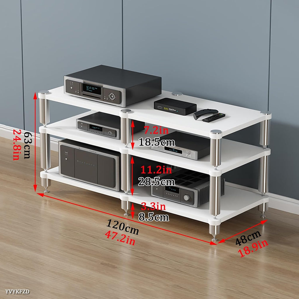 YVYKFZD 2/3/4-Tier AV Media Stand, Stand Audio Rack Corner Component Cabinet, Open Stereo Cabinet with Shock-Absorbing Feet, Power Amplifier Shelf Equipment(Size:White 3 Tier-47.2'X18.9'X24.8')