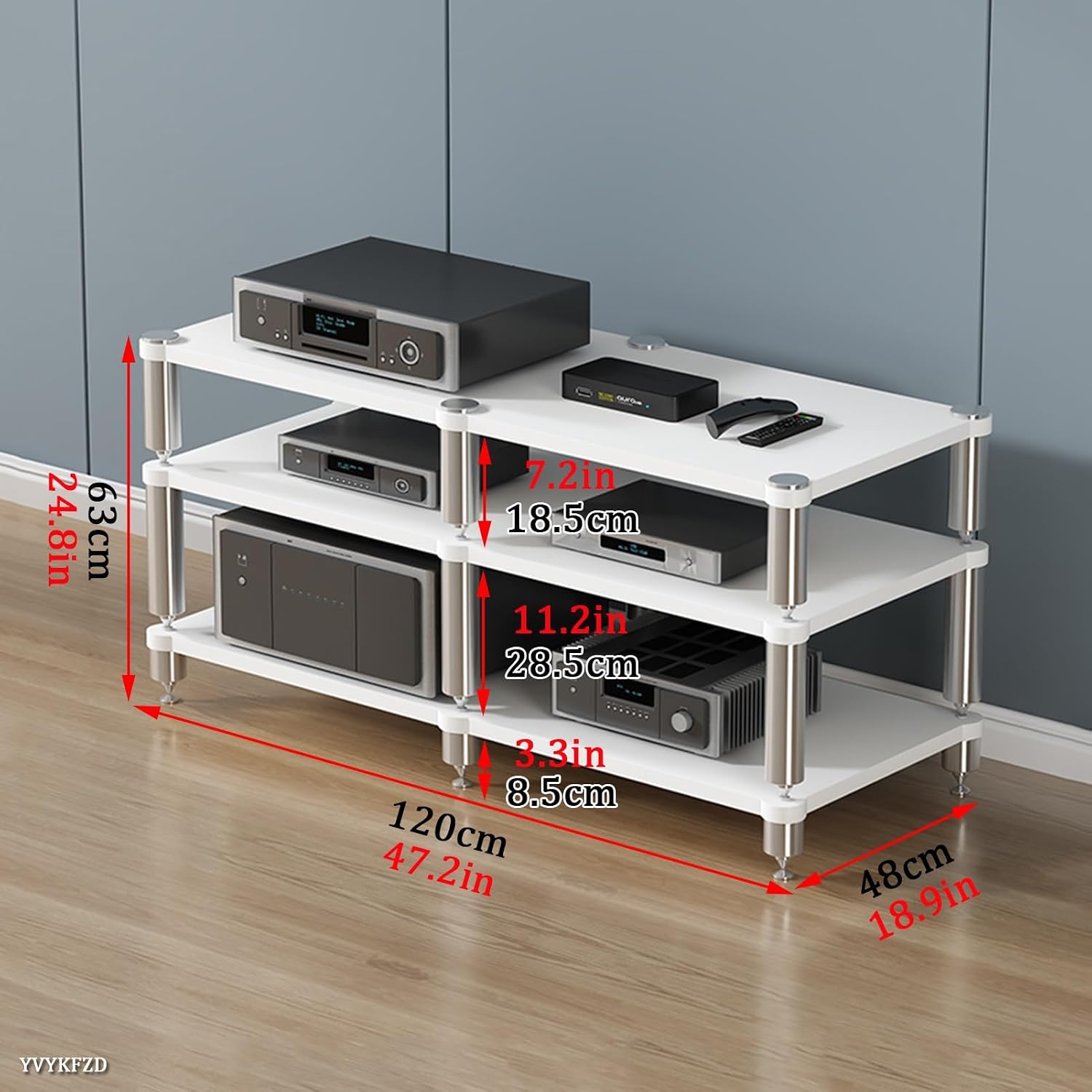 YVYKFZD 2/3/4-Tier AV Media Stand, Stand Audio Rack Corner Component Cabinet, Open Stereo Cabinet with Shock-Absorbing Feet, Power Amplifier Shelf Equipment(Size:Black 3 Tier-47.2'X18.9'X24.8')