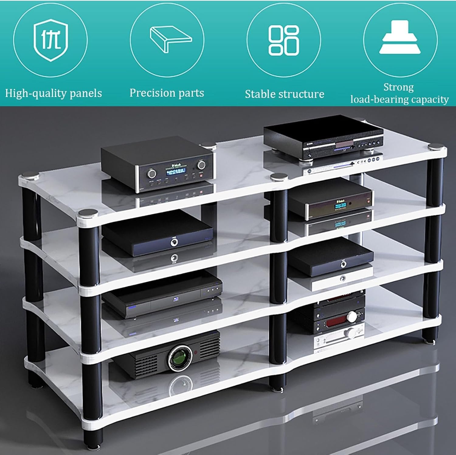 AV Media Stand, Audio Rack with Shock-Absorbing, Stereo Cabinet Corner Component Cabinet, Power Amplifier Shelf Equipment, Large Capacity Space(White,2 Tier 120x48x37CM)