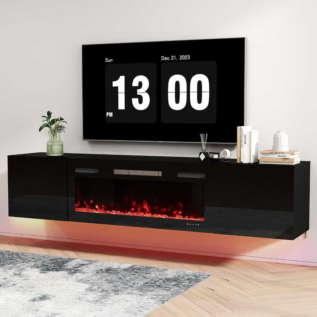 Real Relax 70' Floating TV Stand with 36' Electric Fireplace, Wall Mounted Entertainment Center with Storage, Remote Control, Modern LED Lights Fireplace TV Console for TVs Up to 80', All Black