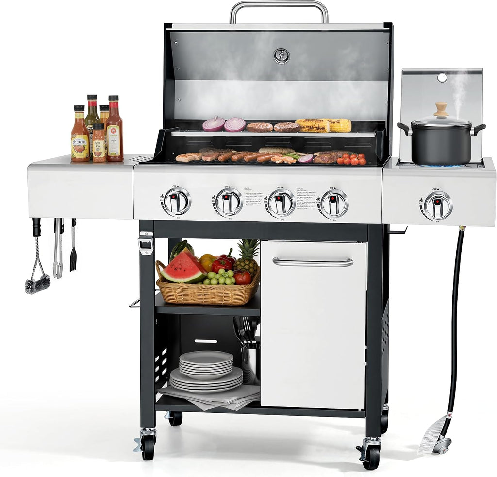 HUGROVE Propane Gas BBQ Grill with Side Burner & Wheels, 50,000 BTU Output Stainless Steel Barbecue Grill for Backyard & Outdoor Cooking Easy to Assemble (Silver)