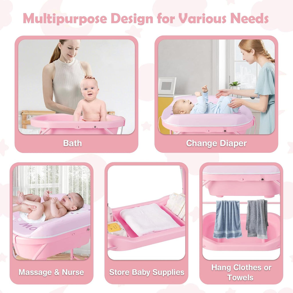 HONEY JOY 2-in-1 Baby Bathtub & Changing Table, Foldable Infant Diaper Changing Station with Wheels, Storage Tray, Waterproof Pad, Portable Newborn Nursery Organizer Bath Stand for Boys Girls (Pink)