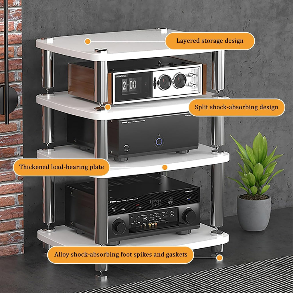 1/2/3/4 Tier Media Stand, Audio Rack with Stainless Steel Legs, Open Media Storage Cabinet, TV Stand with Shock-Absorbing Feet, Audio Entertainment Unit(Black,2 Tier 60x48x38cm)
