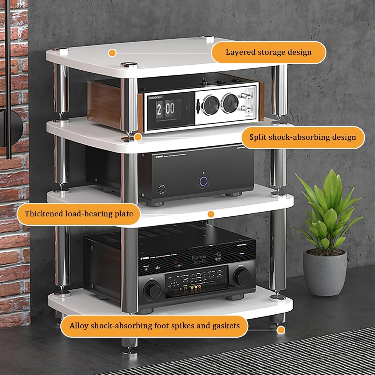 1/2/3/4 Tier Media Stand, Audio Rack with Stainless Steel Legs, Open Media Storage Cabinet, TV Stand with Shock-Absorbing Feet, Audio Entertainment Unit(Black,2 Tier 60x48x38cm)