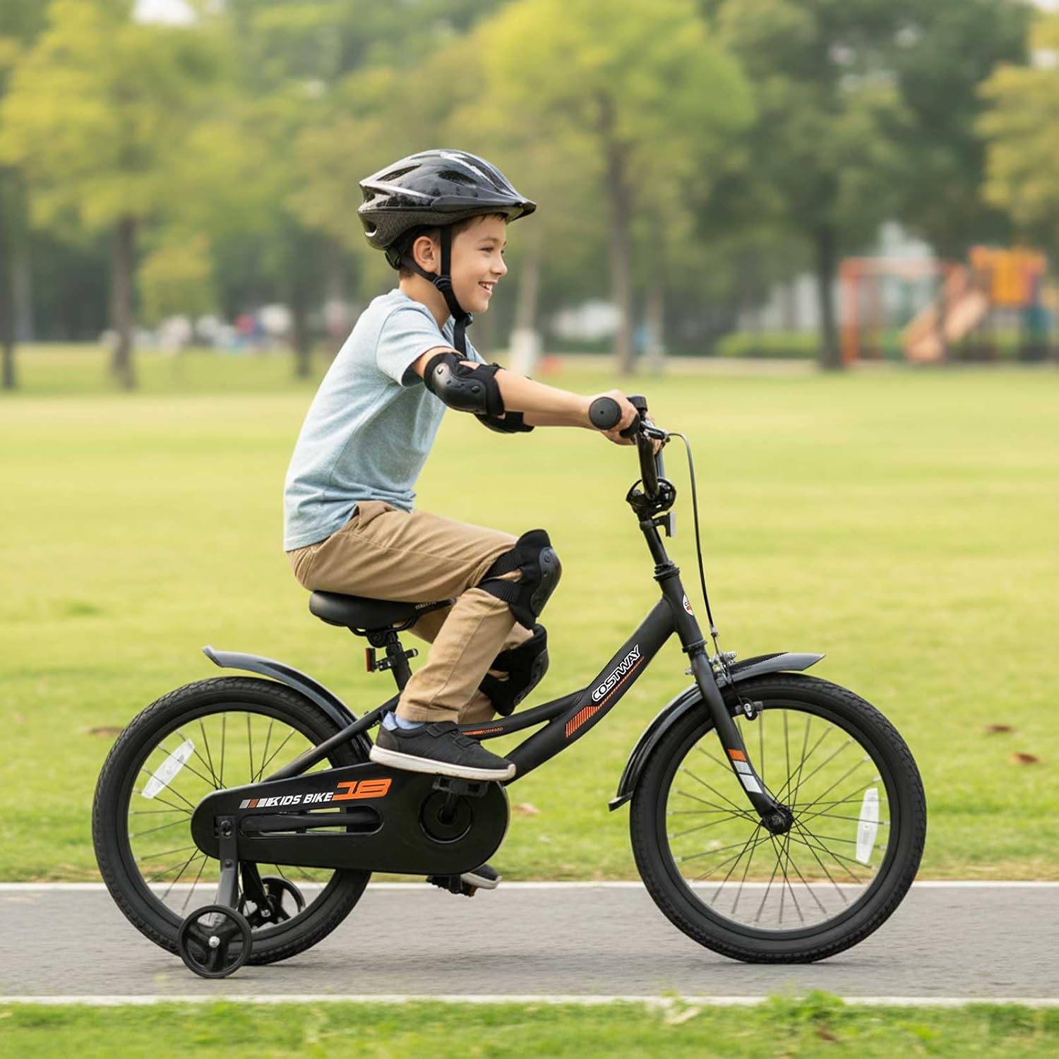 COSTWAY Kids Bike, 18 Inch Toddler Bicycle with Removable Training Wheels, Dual Brakes, Adjustable Seat & Handlebar Height, Girls & Boys Bikes for 3-8 Years Old (Black,18 Inch with Kickstand)