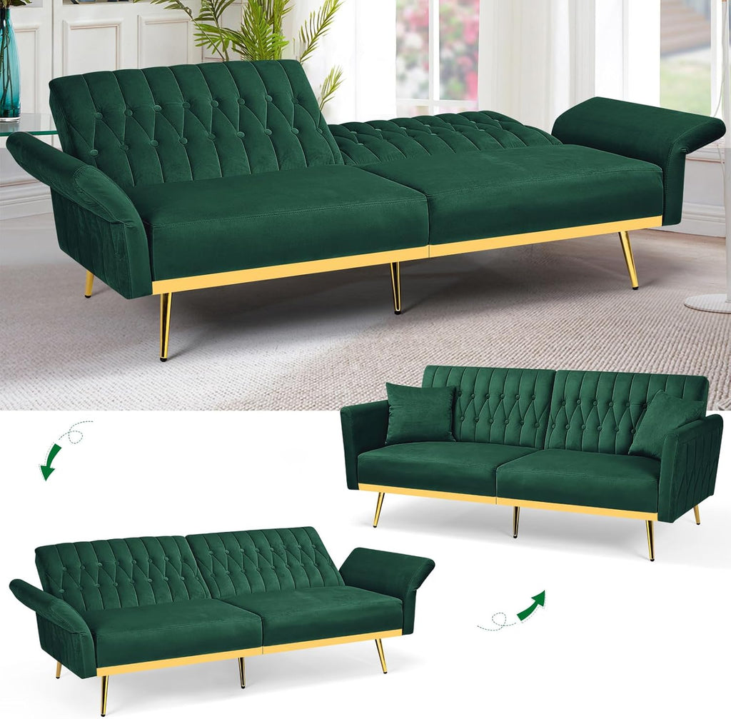 70' Velvet Futon Sofa Bed w/Adjustable Backrests and Armrests, Convertible Futon Couch with 2 Pillows, Modern Tufted Sleeper Bed for Living Room, Bedroom,Green