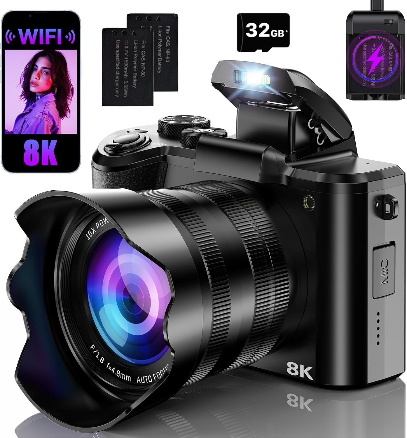 8K Digital Cameras for Photography with WiFi,Autofocus 88MP Vlogging Camera for YouTube with Dual-Lens,16X Digital Zoom Point and Shoot Camera,3.2''Touch Screen, Anti-Shake,2 Batteries &Charging Stand