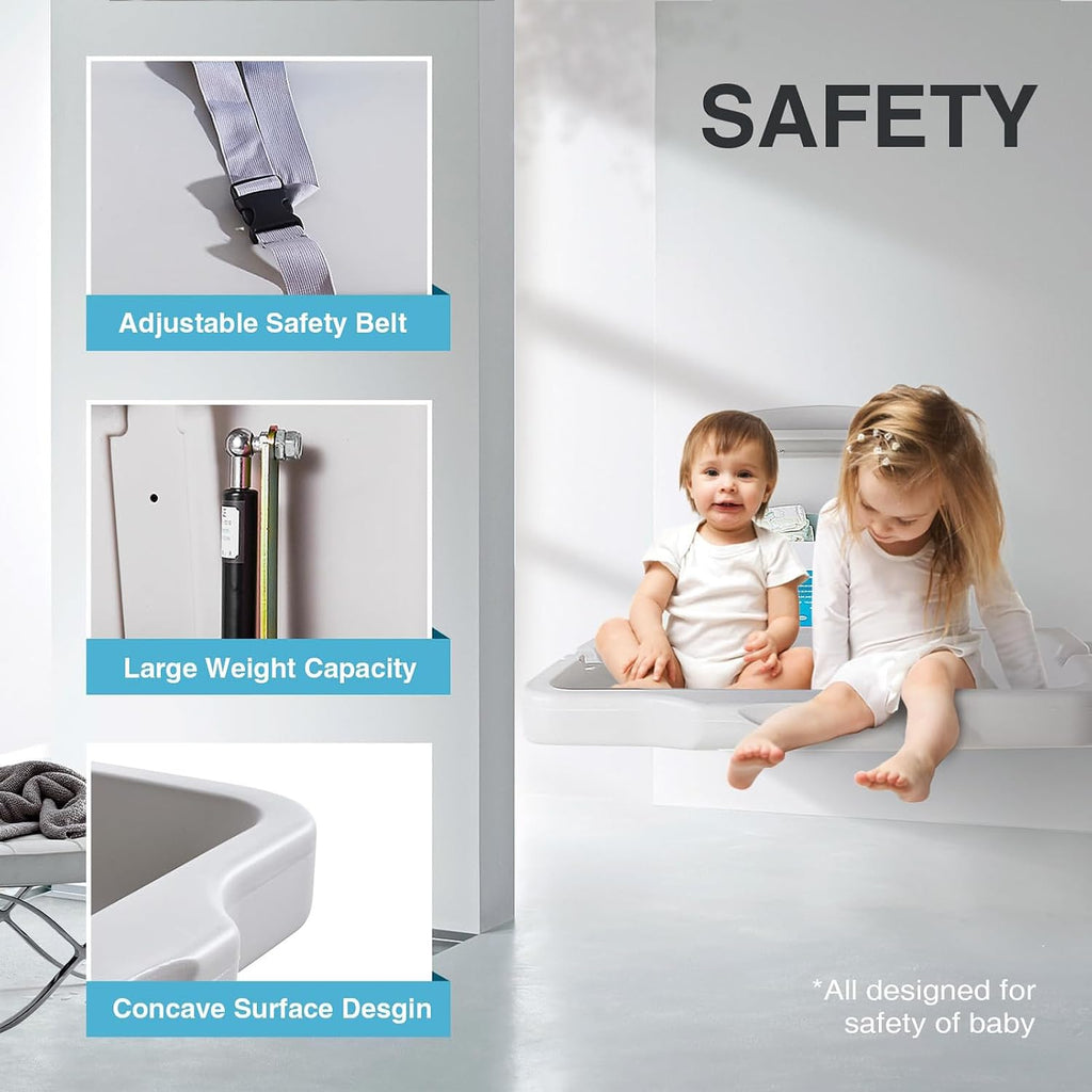Baby Changing Station Wall Mounted, Baby Changing Table with Safrty Strap, HDPE Fold-Down Diaper Changing Station Table, Foldable Diaper Changing Unit for Commercial Bathroom Restroom