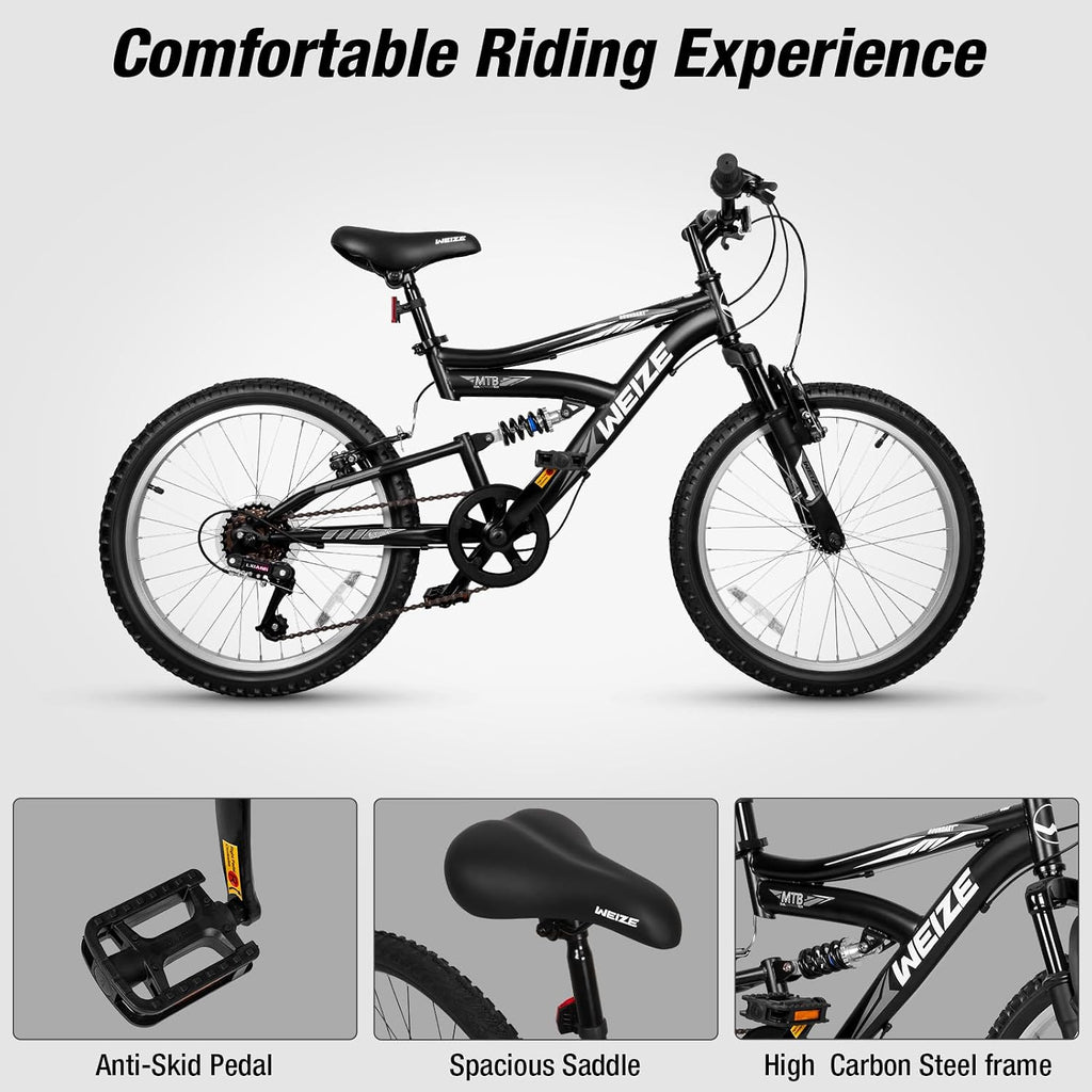 WEIZE Kids Mountain Bike, Kids' Bicycles for 6-14 Years Old Boys Girls with Dual Full Suspension, 6 Speeds Drivetrain, High-Carbon Steel Frame, Ideal for Young Riders and Adventurers