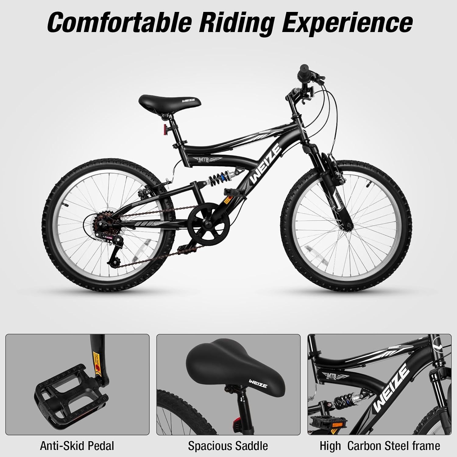 WEIZE Kids Mountain Bike, Kids' Bicycles for 6-14 Years Old Boys Girls with Dual Full Suspension, 6 Speeds Drivetrain, High-Carbon Steel Frame, Ideal for Young Riders and Adventurers