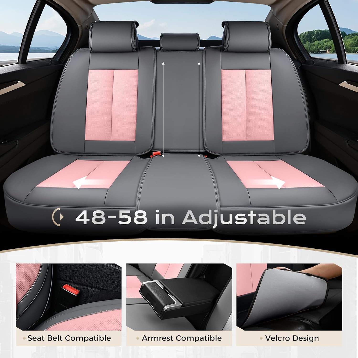 Coverado Seat Covers, Car Seat Covers Full Set, Leather Seat Covers for Cars, Car Seat Protector, Gray Car Seat Covers Front Seats and Back Seats Universal Fit for Most Cars Pink