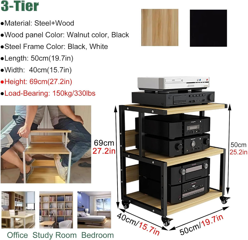 Stereo Audio Component Rack Stand, Corner Movable Media Shelf Tower - DVD Players/Amplifiers/Projector/TV Accessories Storage Organizer, Equipment Display Holder(3 Tier - 69cm(27.2in))