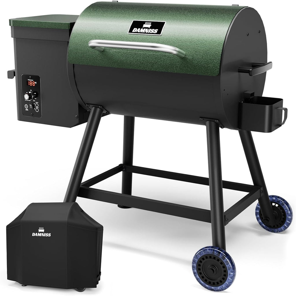 DAMNISS Electric Wood Pellet Smoker Grill 8 In 1 BBQ Grills for Outdoor Grill with Auto Feed & PID Temperature Control (180-450°F) and Rain Cover 456 Sq.In Cook Area for Backyard New House Gifts