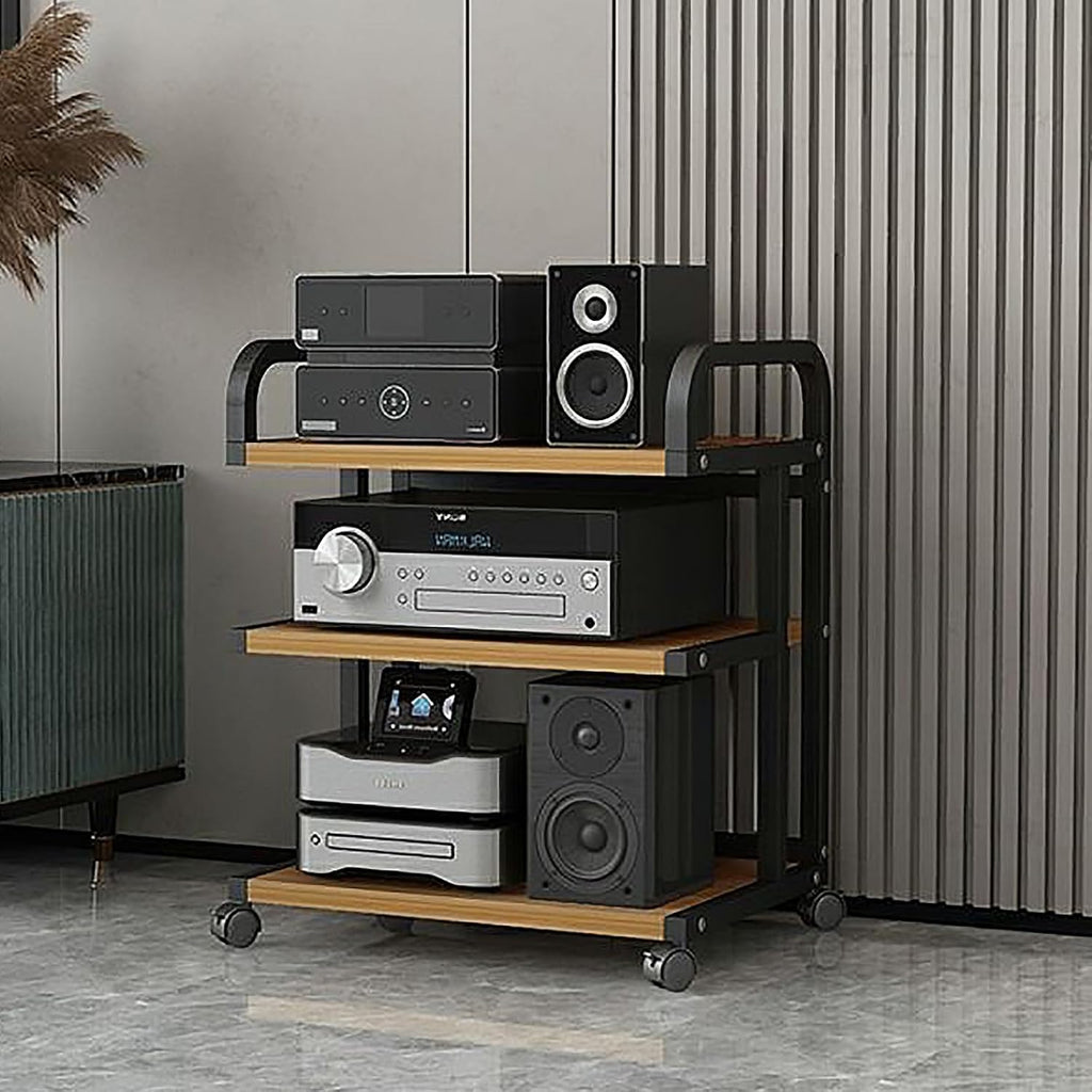Movable AV Media Stand, 3 Tier Audio Rack Storage Cabinet, Modern Entertainment Center Shelving, Natural Wood Stereo Cabinet for Home Theater & Audio Equipment