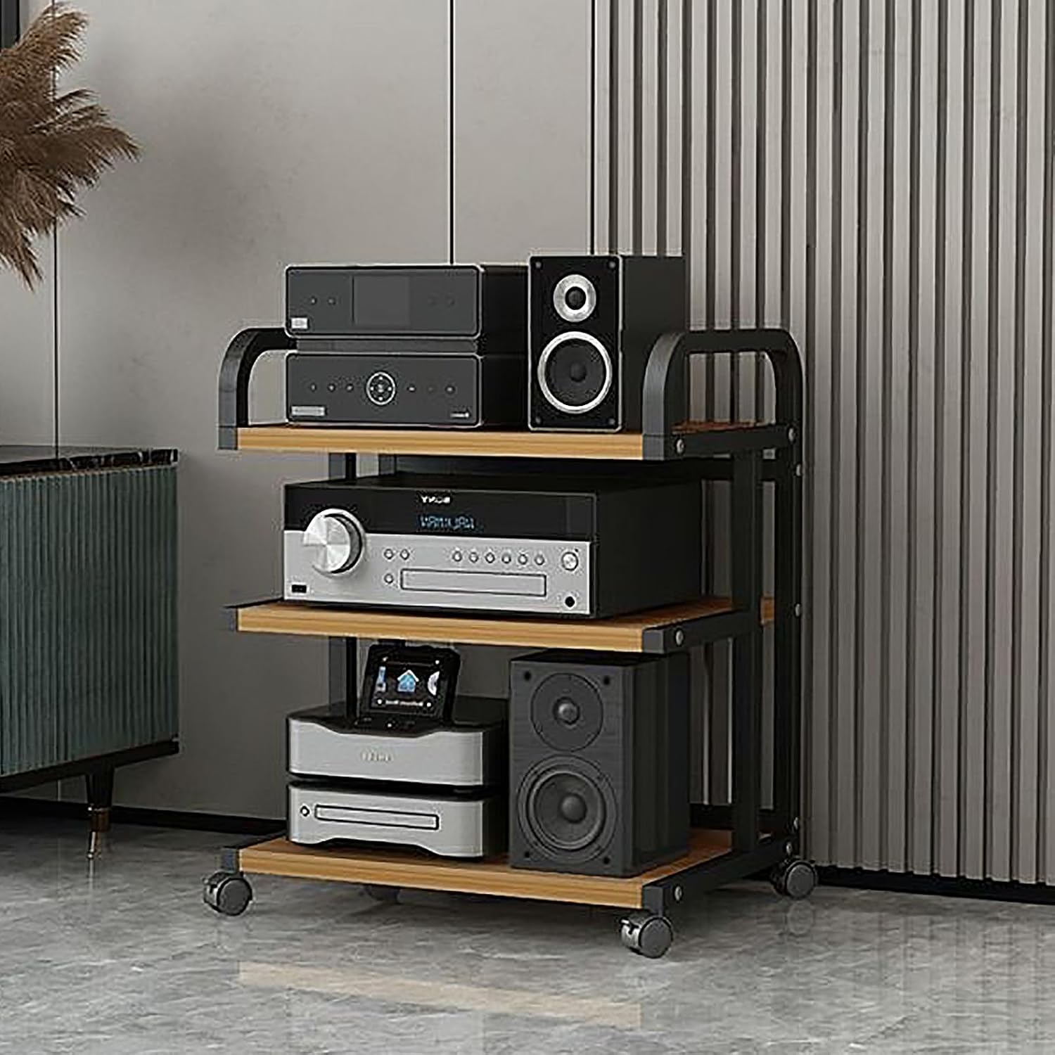 Movable AV Media Stand, 3 Tier Audio Rack Storage Cabinet, Modern Entertainment Center Shelving, Natural Wood Stereo Cabinet for Home Theater & Audio Equipment