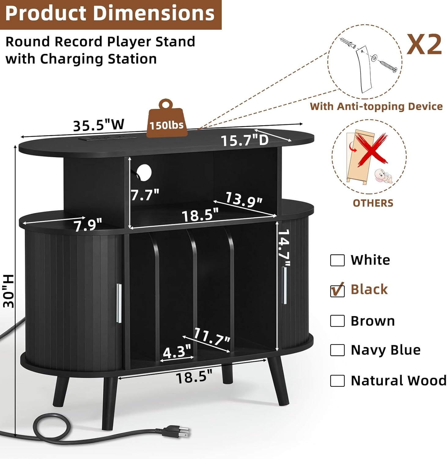 LELELINKY Large Round Record Player Stand with Charging Station & Fluted Display Shelf, Black Mid Century Modern Turntable Cabinet with Vinyl Storage, Arched Wood Record Player Table for Living Room