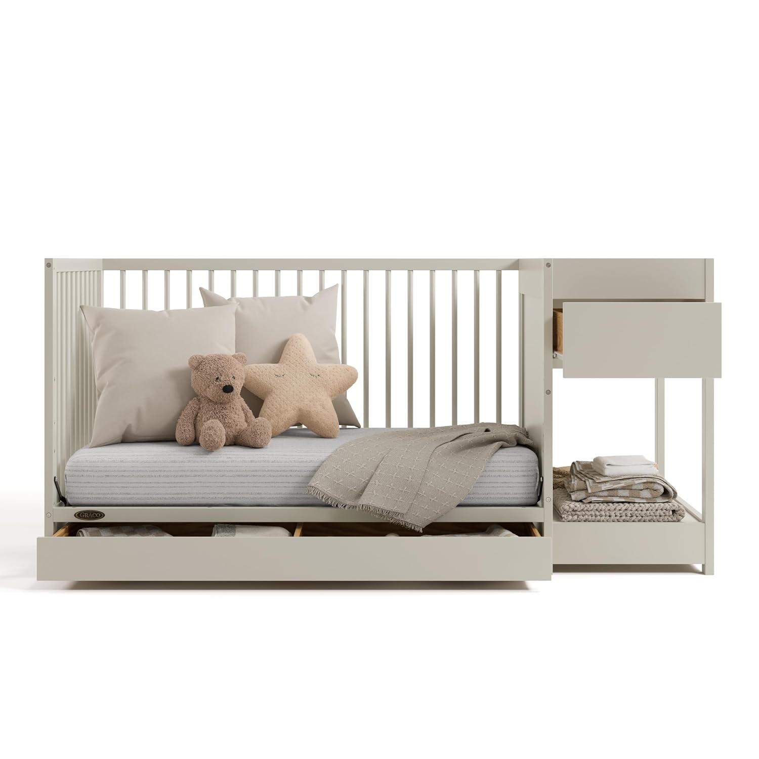 Graco Teddi 5-in-1 Convertible Crib & Changer with Drawer – GREENGUARD Gold Certified Baby Crib Crafted from Wood, Converts to Toddler Bed, Daybed, and Full-Size Bed (Frosted Oat)
