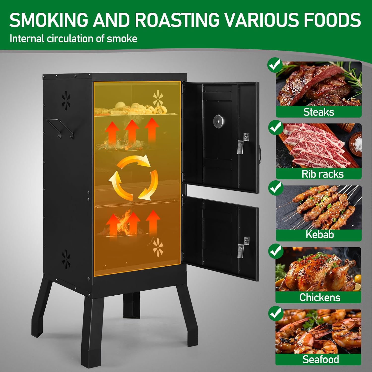 ROVSUN 2-in-1 Outdoor Smoker with Double Doors, Vertical Portable Charcoal Grill with Two Detachable Grill Smoking Racks and Charcoal Pan, Perfect for Camping Barbecue, Black