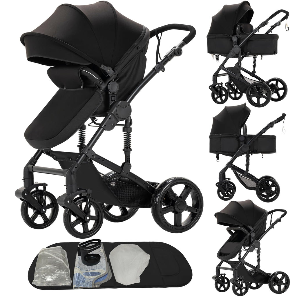 2 in 1 Baby Stroller Convertible Reversible Standard Pram Portable Pushchair Infant Buggy Baby Carriage Foldable High Landscape Pram for Toddler Newborn (2US588-BLACK)